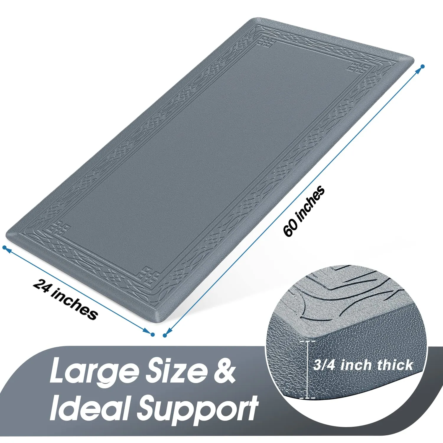 Anti Fatigue Kitchen Mat for Floor by DAILYLIFE, 3/4" Thick Kitchen Cushioned Mat, Standing Comfort Mat for Home, Office, Garage, Non-Slip Bottom, Waterproof & Easy-to-Clean (24" x 60", Grey)