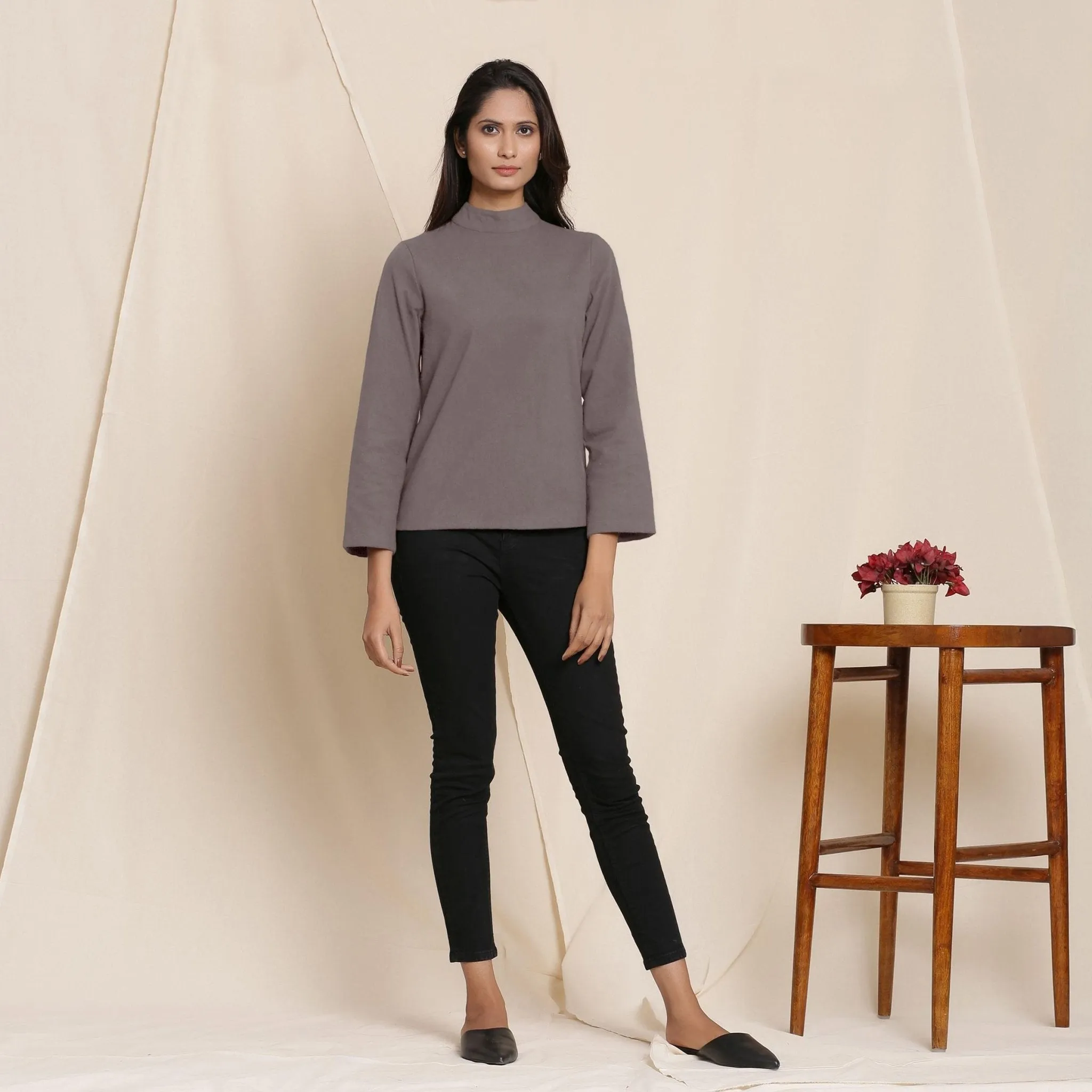 Ash Grey Warm Cotton Turtleneck Flannel Top