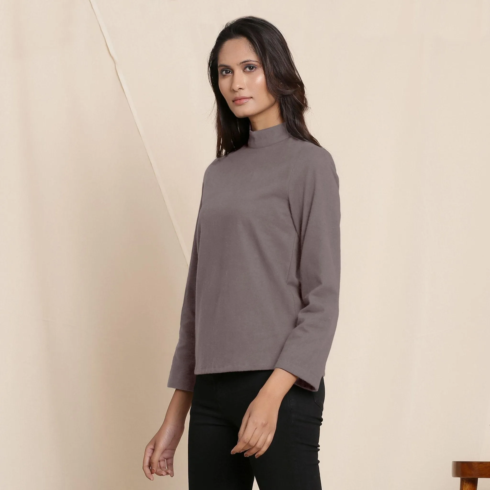 Ash Grey Warm Cotton Turtleneck Flannel Top