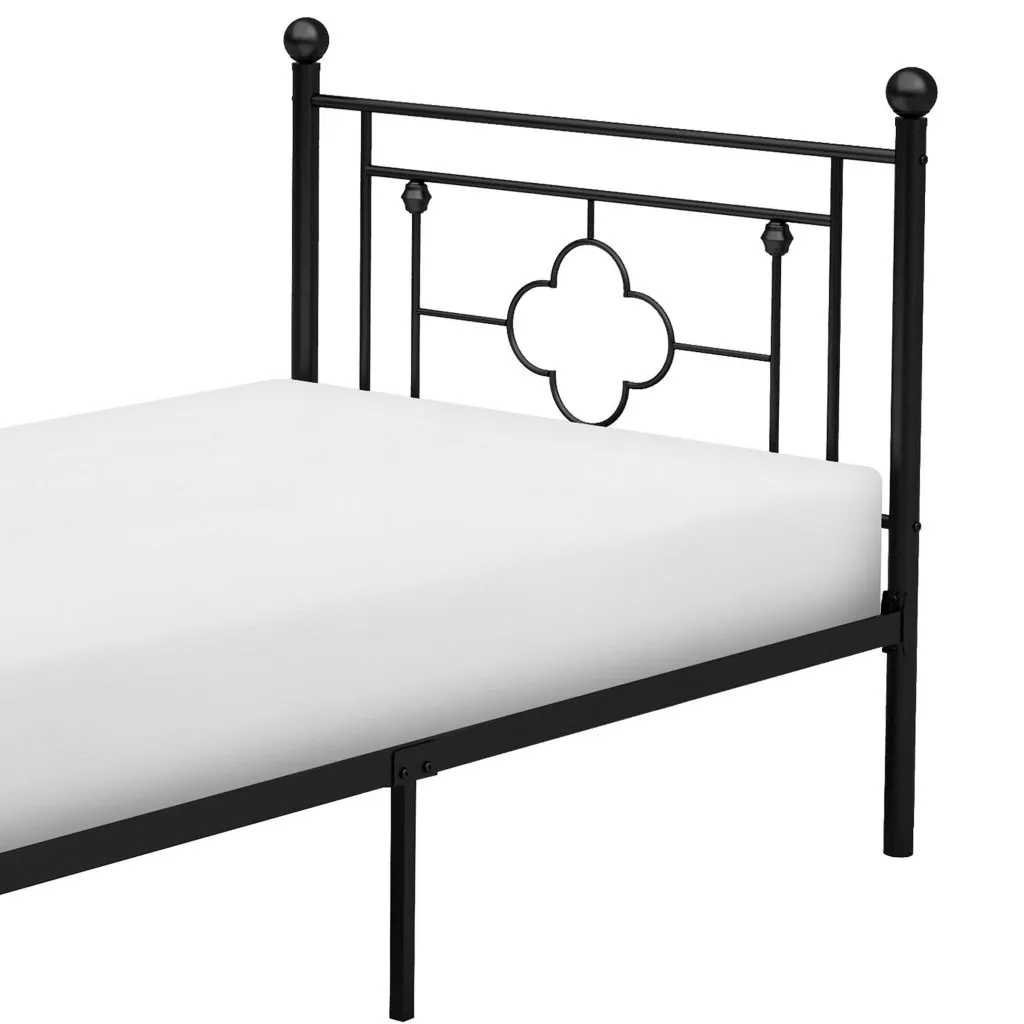 Ayu Twin Platform Bed, Quatrefoil Pattern and Ball Finials, Black Metal By Casagear Home