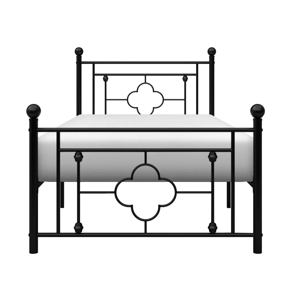 Ayu Twin Platform Bed, Quatrefoil Pattern and Ball Finials, Black Metal By Casagear Home