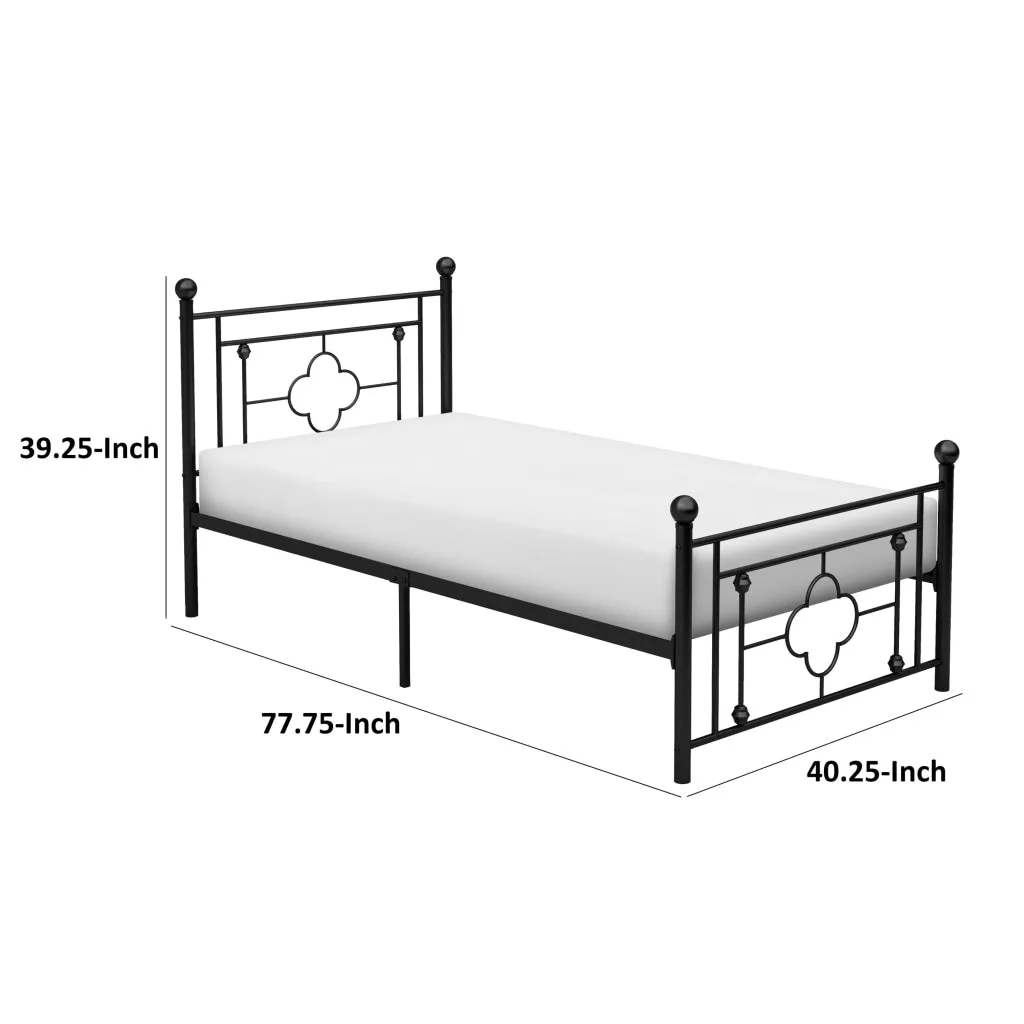 Ayu Twin Platform Bed, Quatrefoil Pattern and Ball Finials, Black Metal By Casagear Home