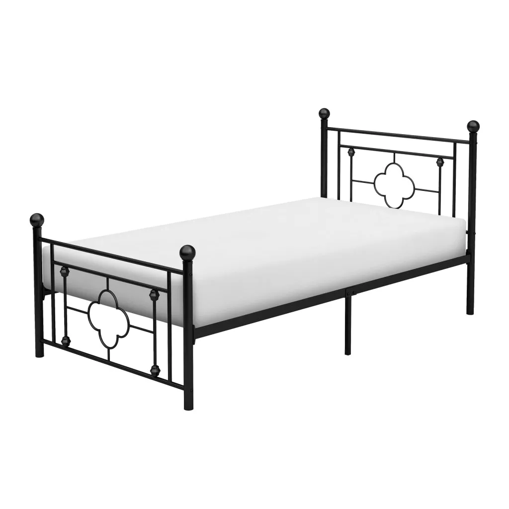 Ayu Twin Platform Bed, Quatrefoil Pattern and Ball Finials, Black Metal By Casagear Home