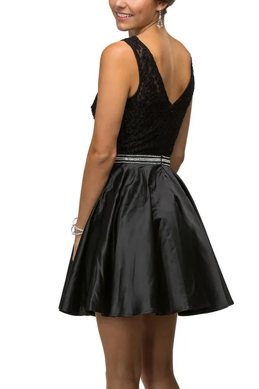 Black lace top short satin homecoming dress DQ9503