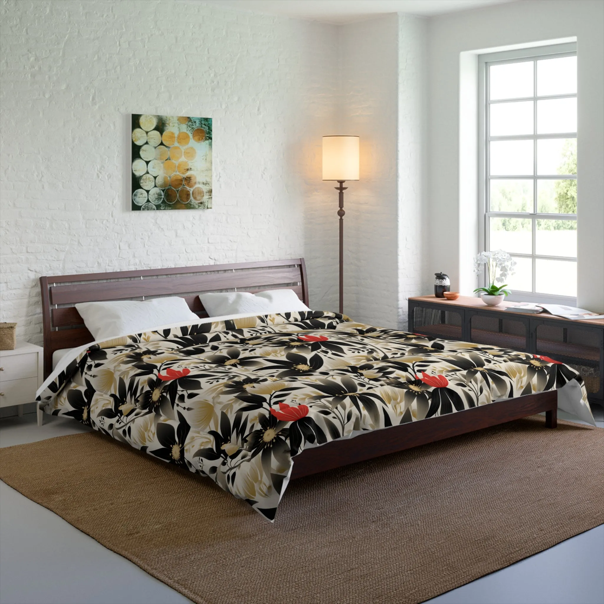 Black, White, hint of Red floral Comforter