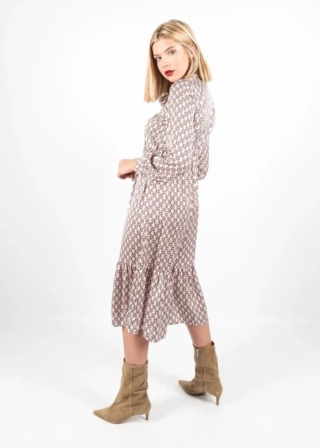 Brown Chain Link Mid-length Dress with Tie Neck Bow by Linu