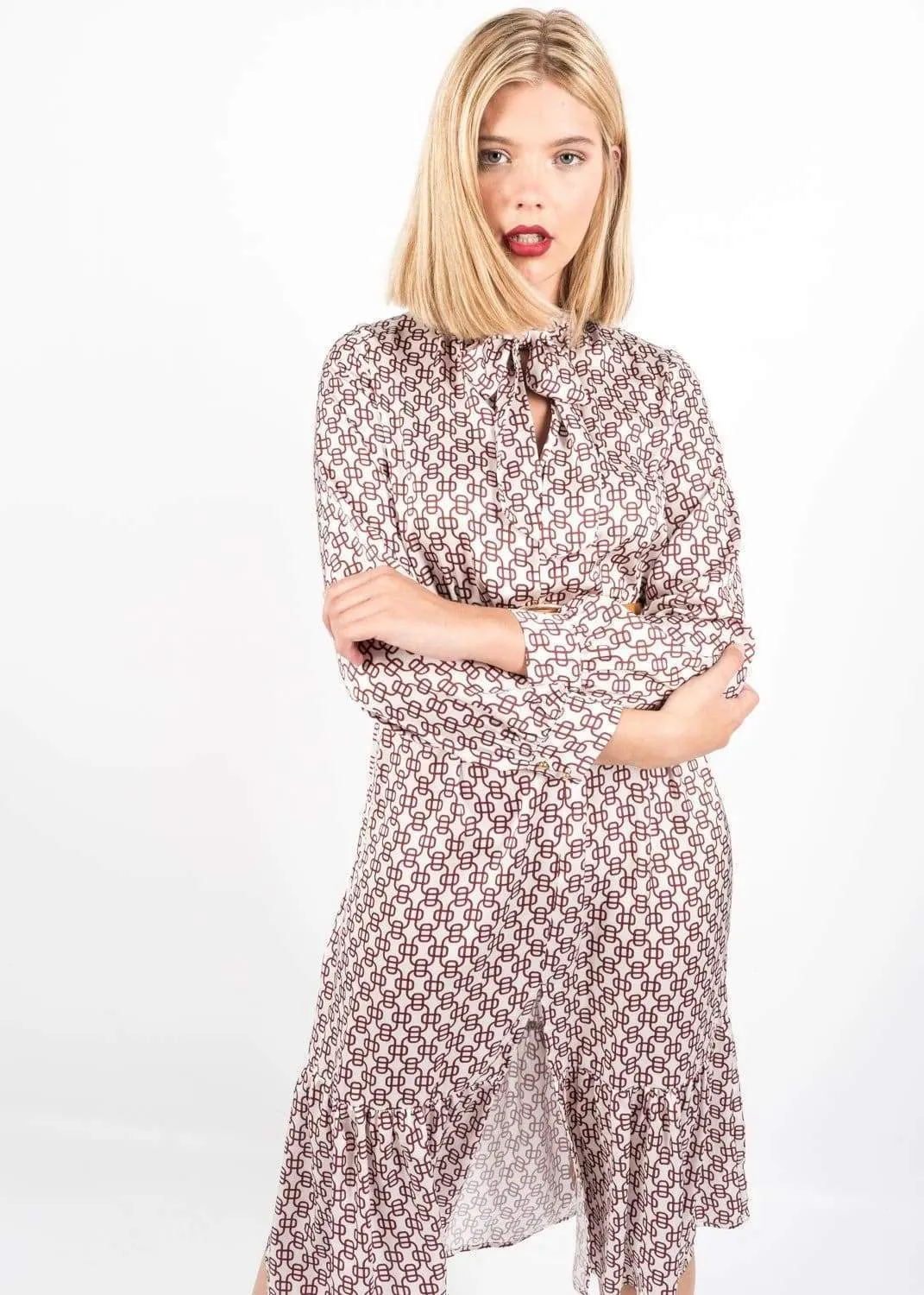 Brown Chain Link Mid-length Dress with Tie Neck Bow by Linu