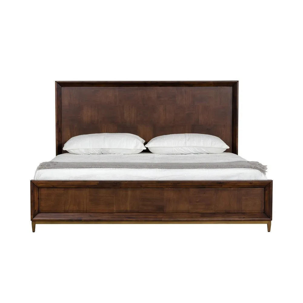 Cid Kew Queen Size Bed, Tall Headboard, Textured Block Pattern Brown Veneer By Casagear Home