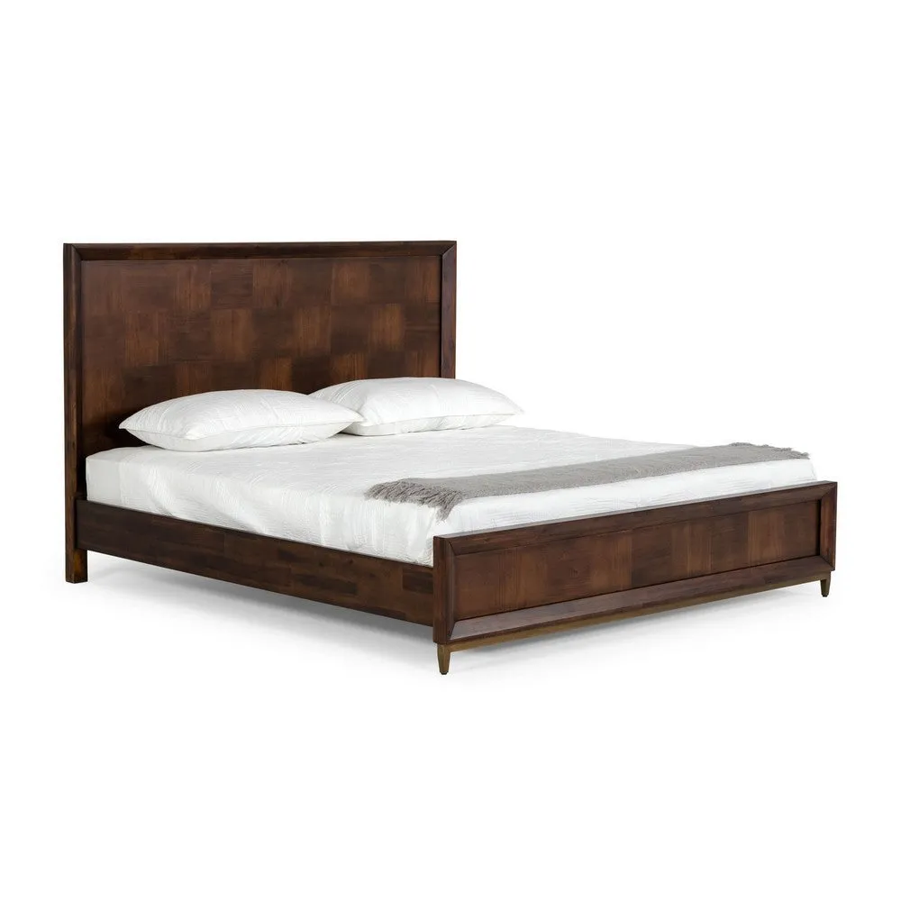 Cid Kew Queen Size Bed, Tall Headboard, Textured Block Pattern Brown Veneer By Casagear Home