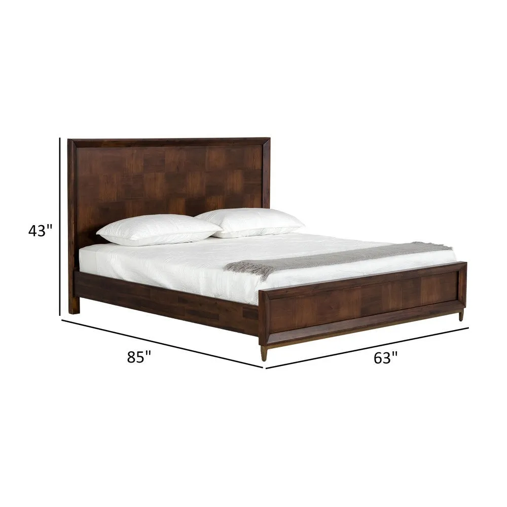 Cid Kew Queen Size Bed, Tall Headboard, Textured Block Pattern Brown Veneer By Casagear Home