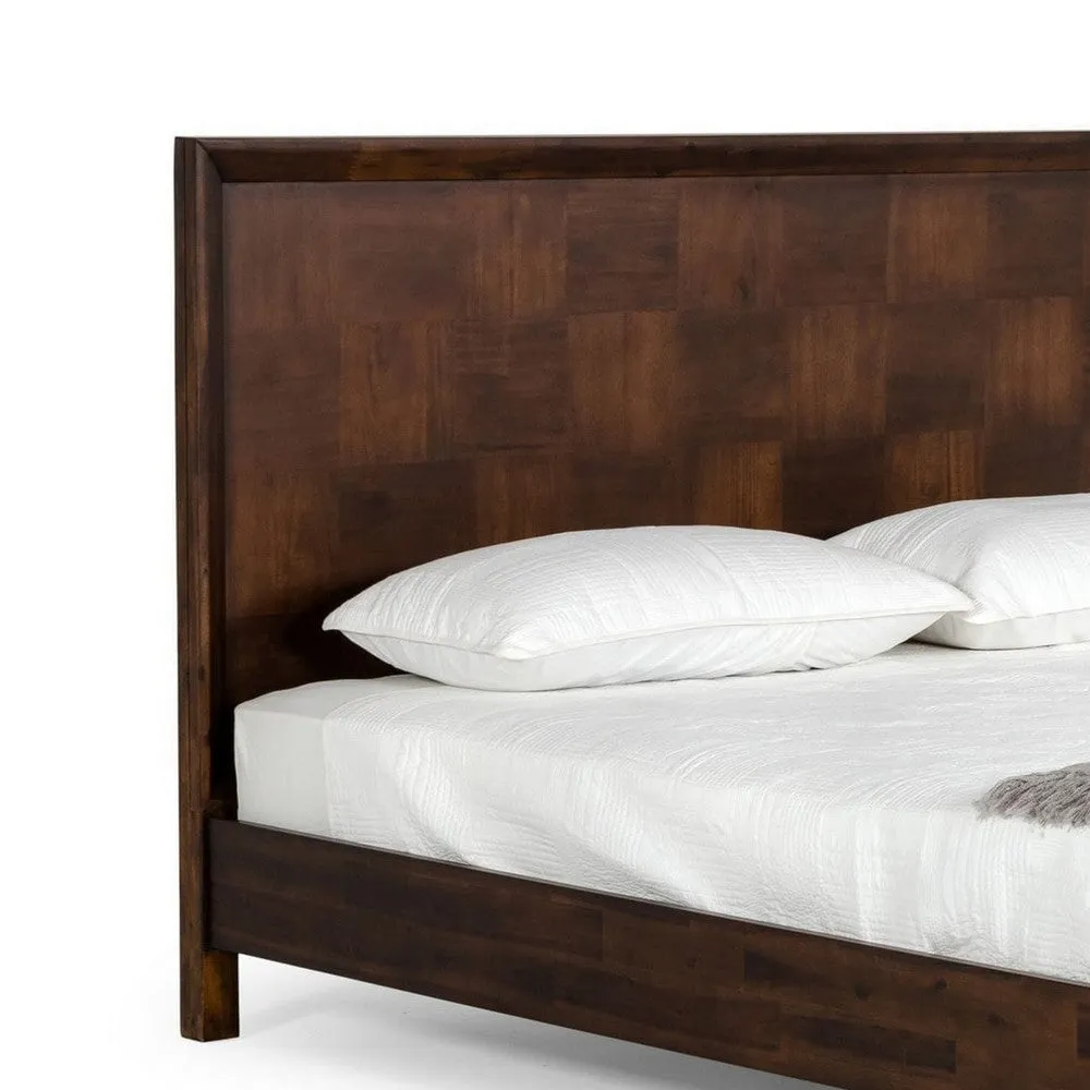 Cid Kew Queen Size Bed, Tall Headboard, Textured Block Pattern Brown Veneer By Casagear Home