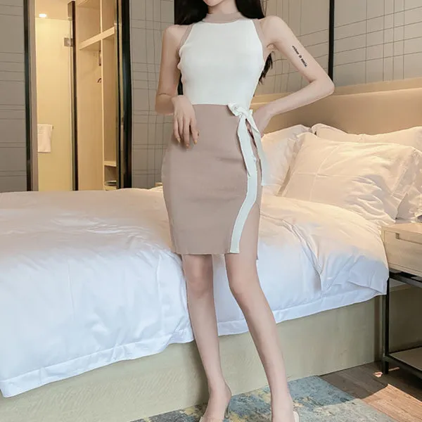 Crew Neck Tie Slit Slim Fit Sleeveless Knit Dress