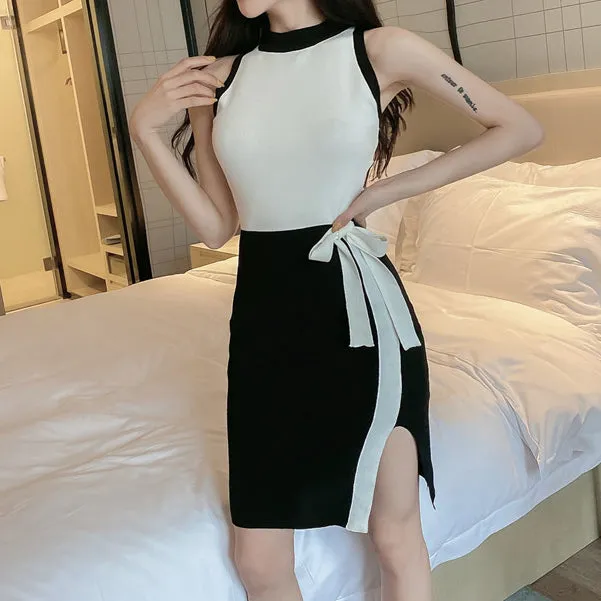 Crew Neck Tie Slit Slim Fit Sleeveless Knit Dress