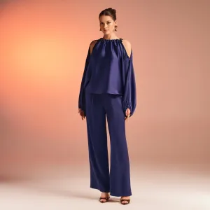 Dark Blue Cold Shoulder Satin Top