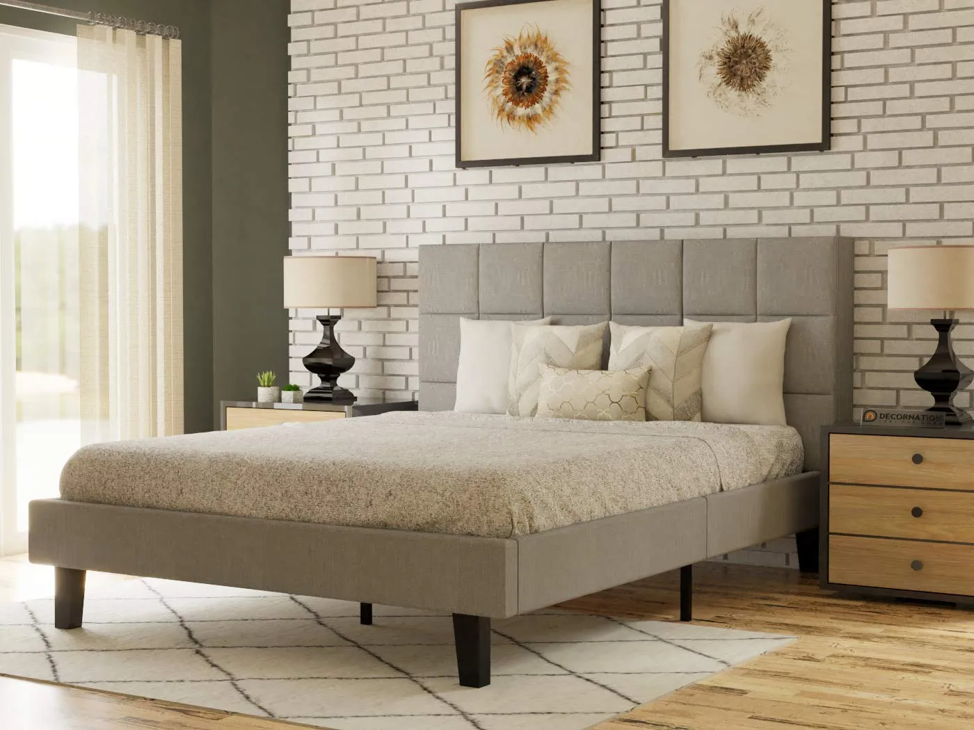 DecorNation Julius Upholstered Platform Bed for Bedroom, Home Furniture (Grey, Size: Queen, Fitting Mattress, 60 x 78 x 6 Inches)