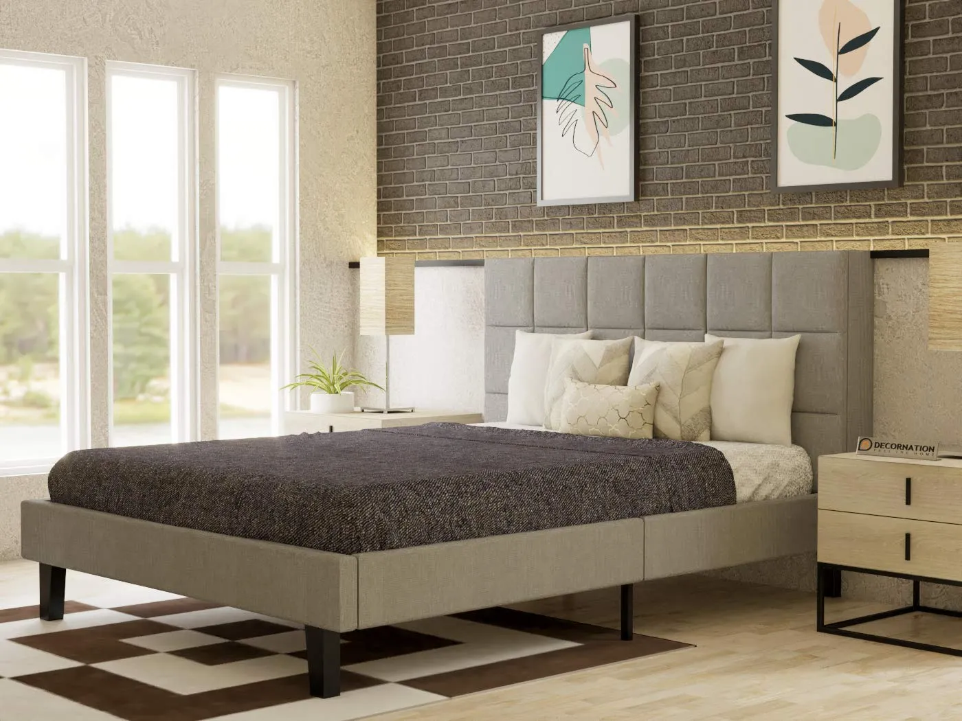 DecorNation Julius Upholstered Platform Bed for Bedroom, Home Furniture (Grey, Size: Queen, Fitting Mattress, 60 x 78 x 6 Inches)