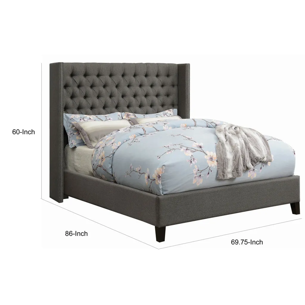 Diya Queen Size Platform Bed, Button Tufted Upholstery, Nailheads, Gray By Casagear Home