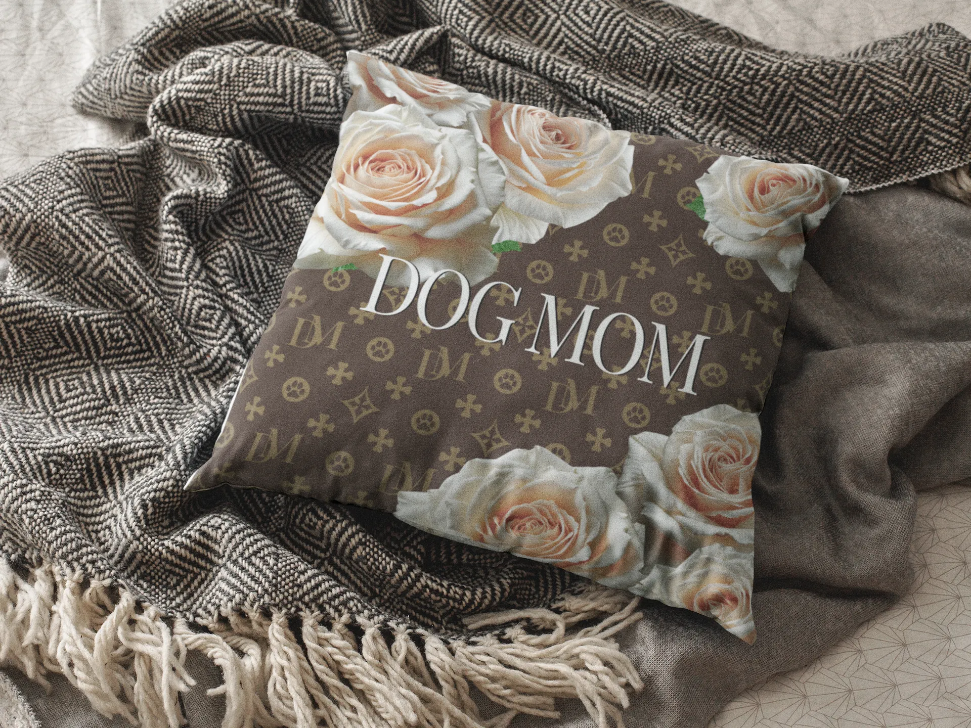 Dog Mom Signature "DM" Motif Champagne Rose Floor Pillow