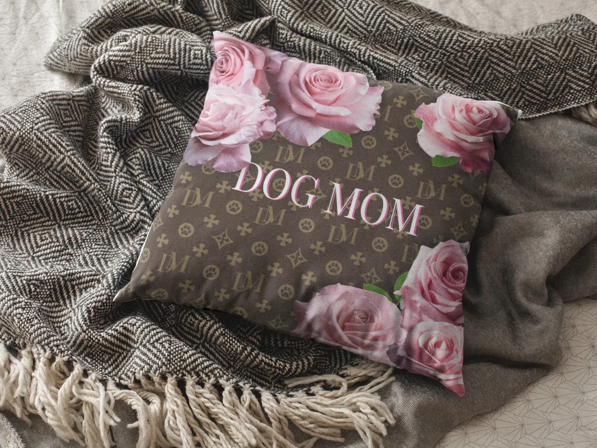 Dog Mom Signature "DM" Motif Pink Rose Floor Pillow