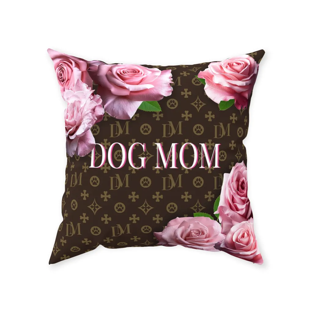 Dog Mom Signature "DM" Motif Pink Rose Floor Pillow