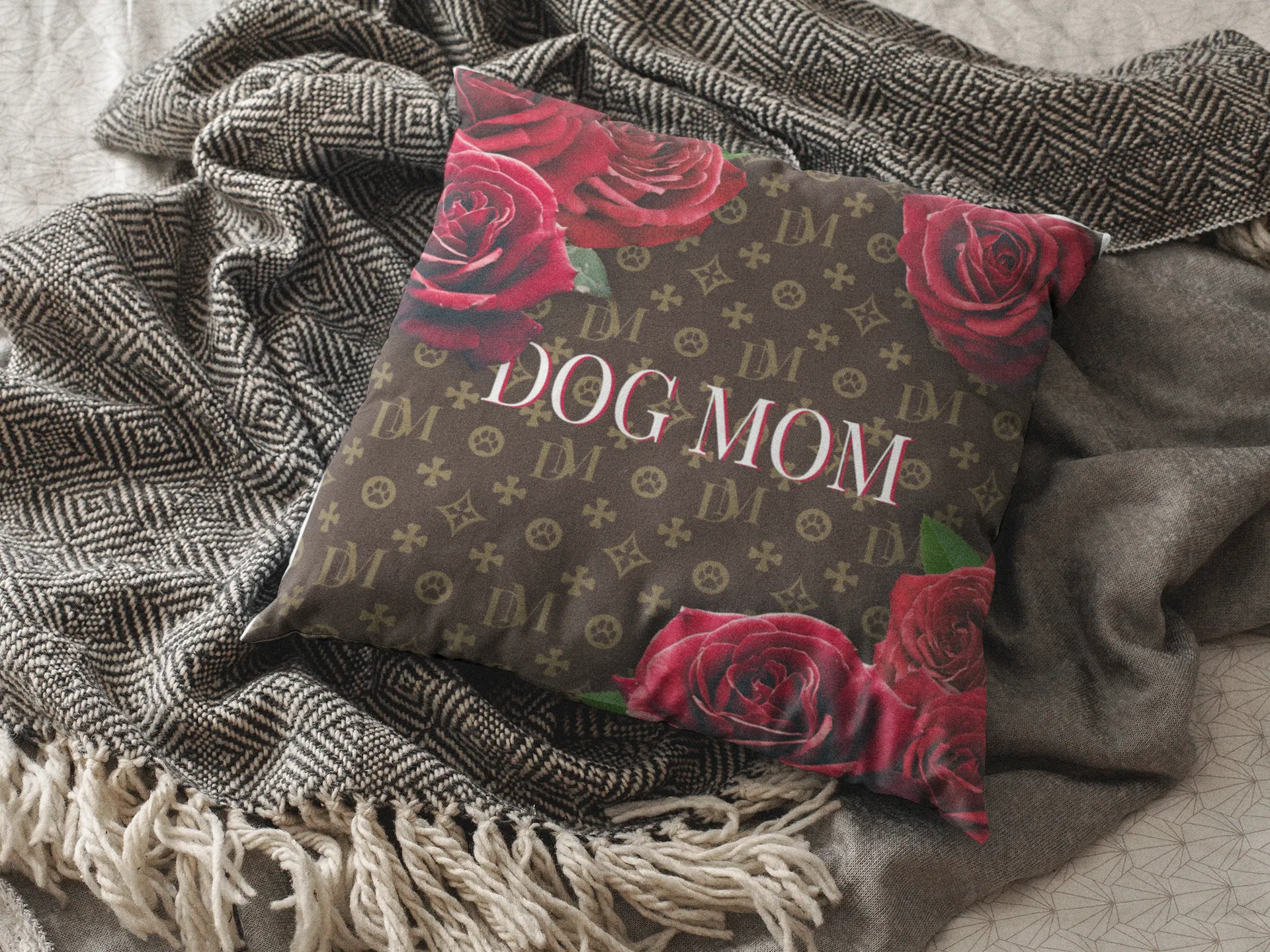 Dog Mom Signature "DM" Motif Red Rose Floor Pillow