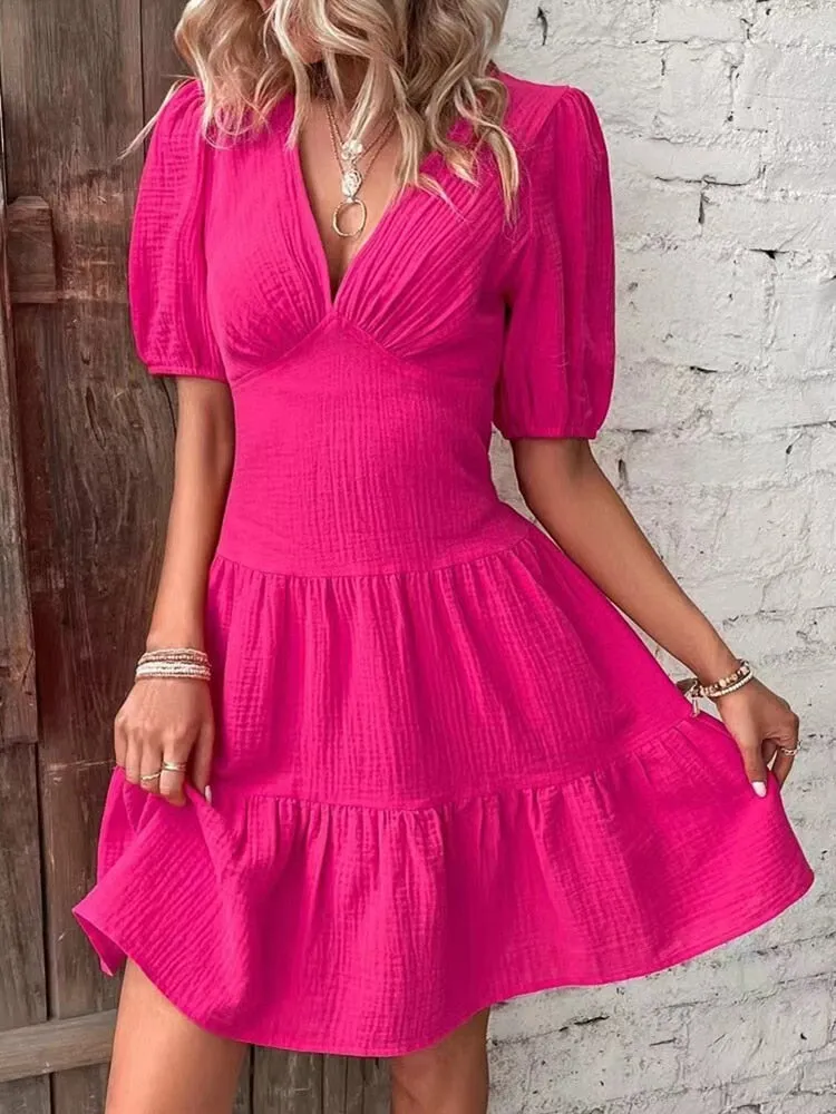 Elegant Midi Dresses For Women Summer Casual V Neck Puff Sleeve Ruffle Beach Dress Fashion Red Simple A-line New In Dresses