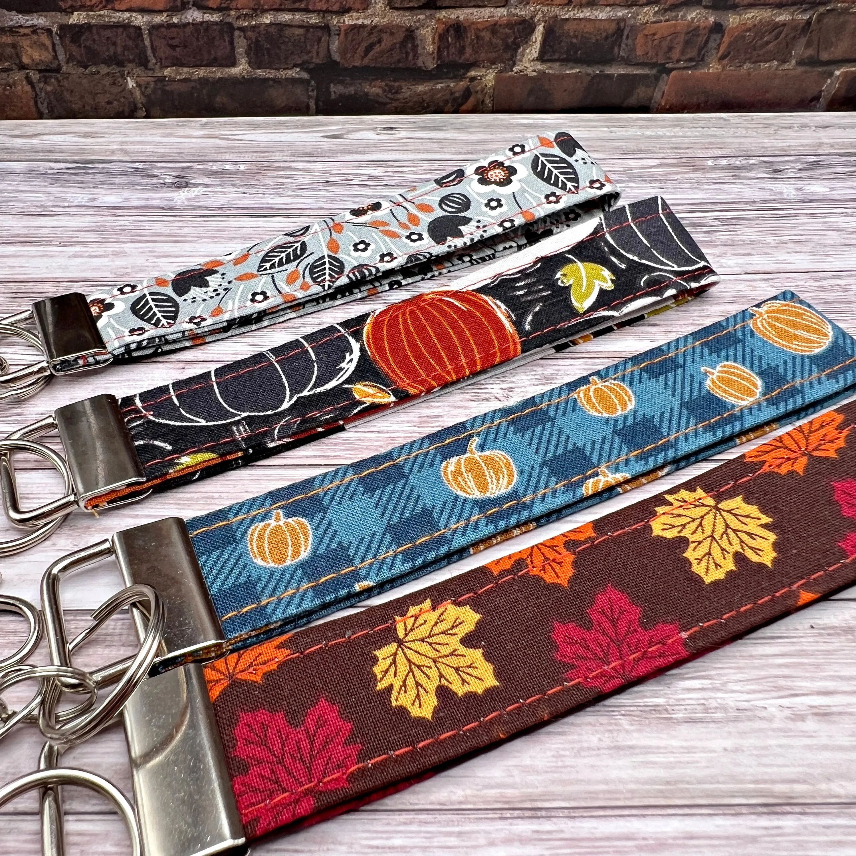 Fall Patterns Pumpkin Leaves Buffalo Plaid Handmade Wristlet Keyfob, Wrist Key Fob, Cotton Key Fob, Gift Idea