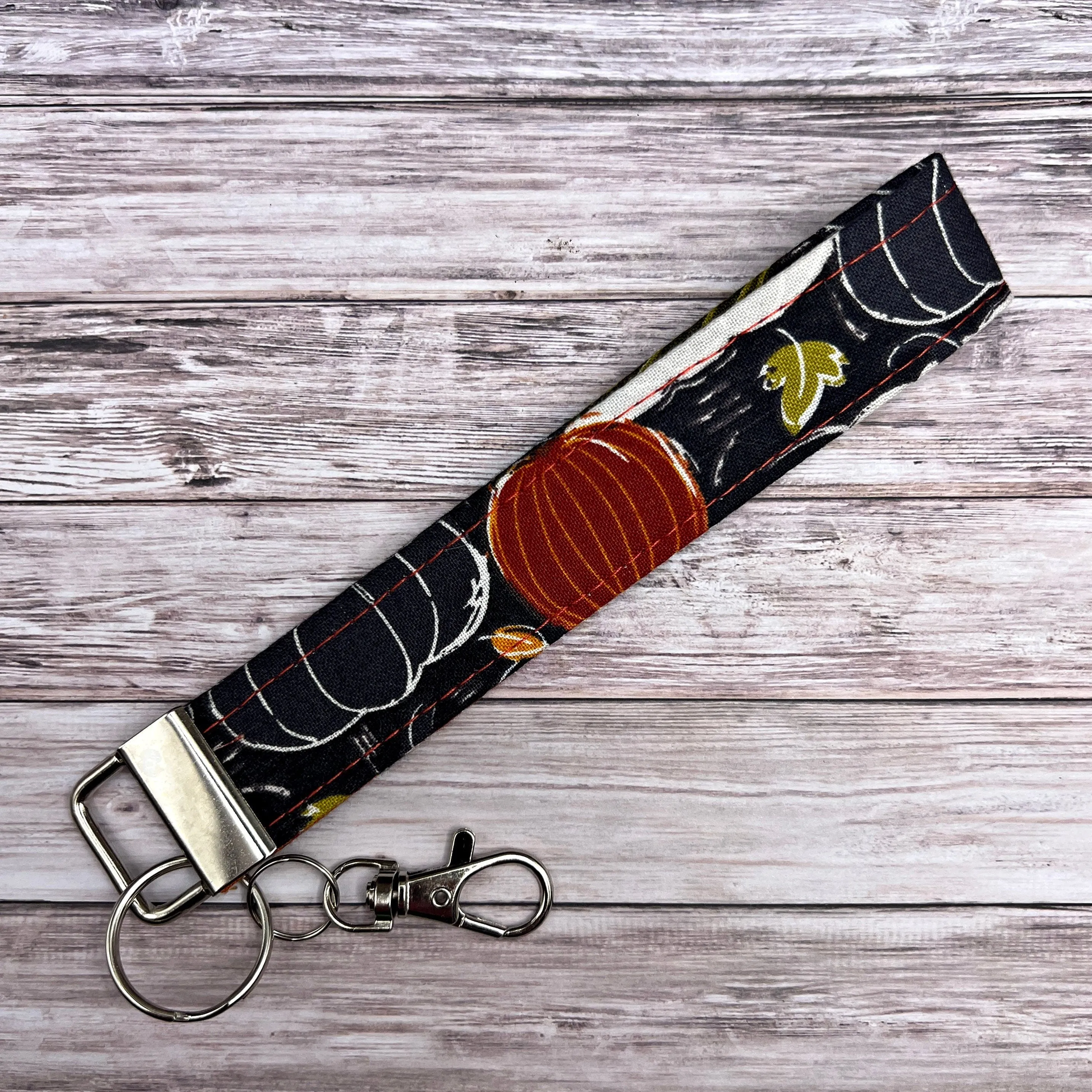 Fall Patterns Pumpkin Leaves Buffalo Plaid Handmade Wristlet Keyfob, Wrist Key Fob, Cotton Key Fob, Gift Idea