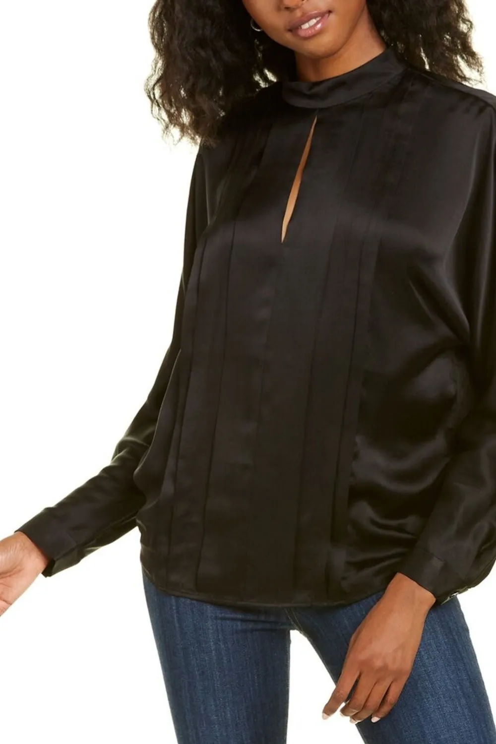 Front Pleated Black Full Sleeve Satin Top