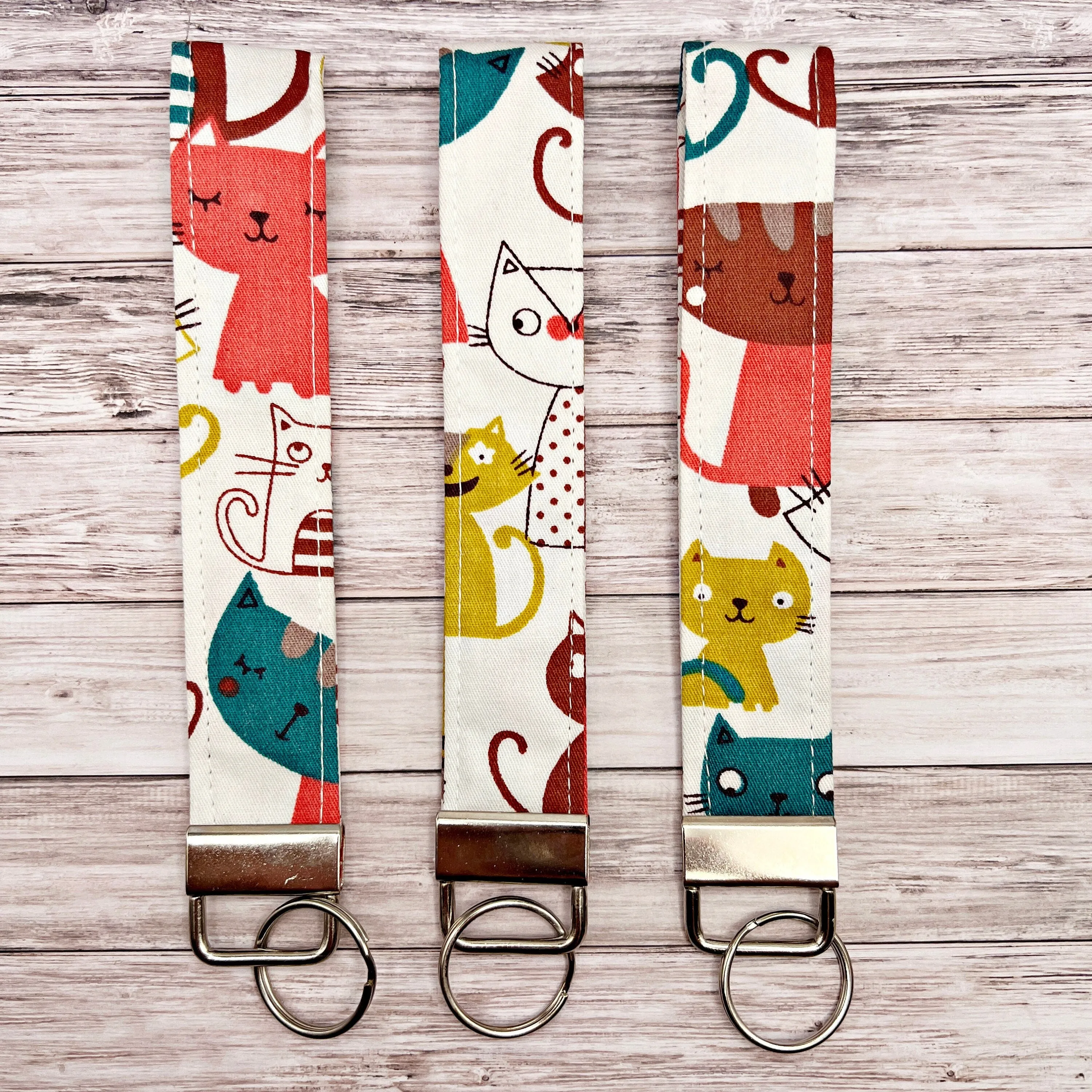 Handmade Doodle Cartoon Cat Theme Fabric Wristlet Keyfob, Wrist Key Fob, Cotton Key Fob, Gift Idea