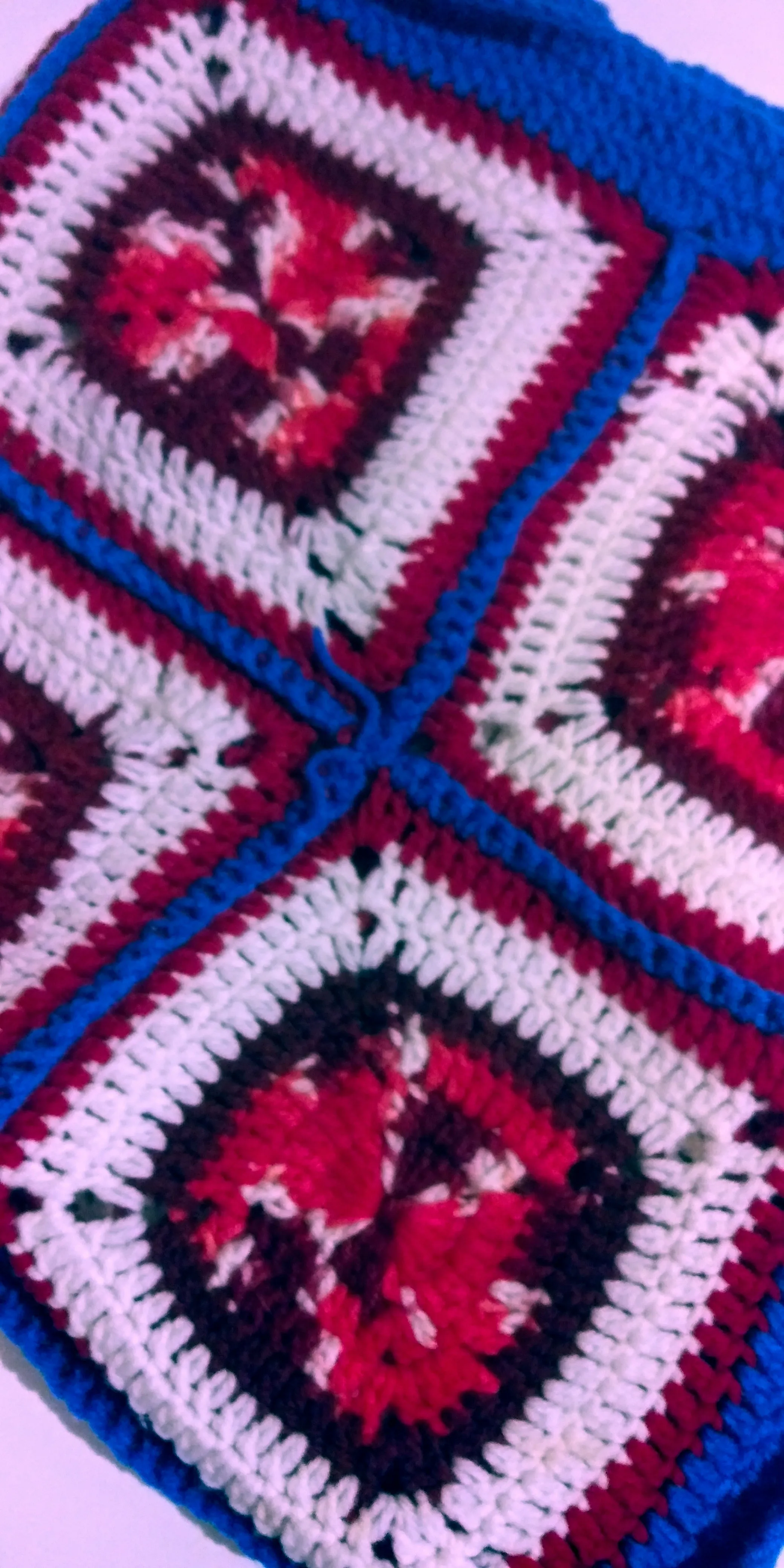 Handmade Granny Square hand crochet of Red, Whites, and Blue Border Baby Blanket