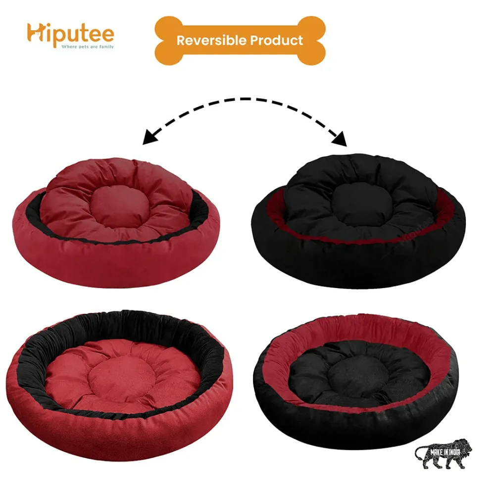 Hiputee Reversible Super Soft Velvet Round Bed for Dogs and Cats (Red Black)