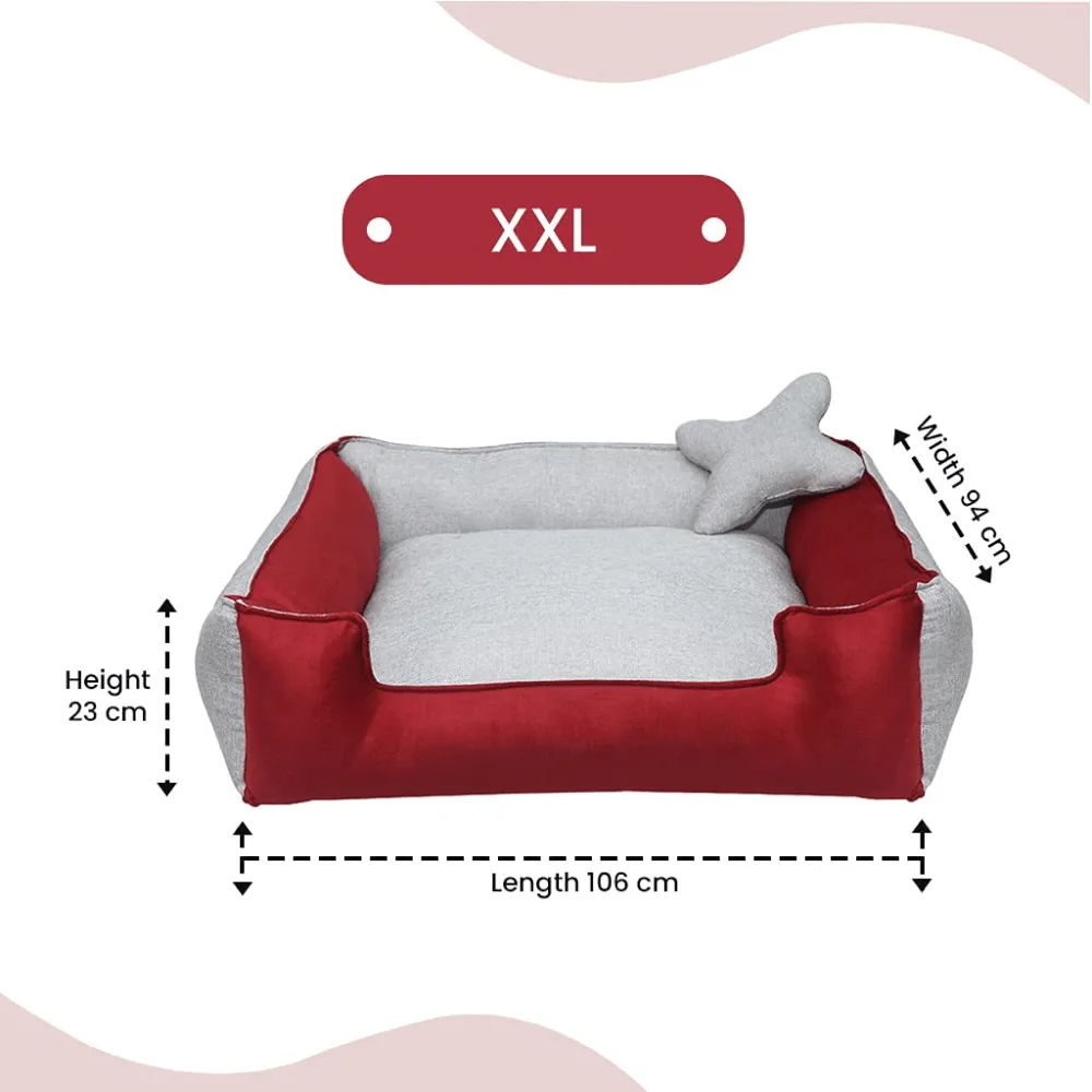 Hiputee Ultra Soft Rectangular Reversible Fleece/Velvet Bed with Pillow for Dogs and Cats (Red, Light Grey)