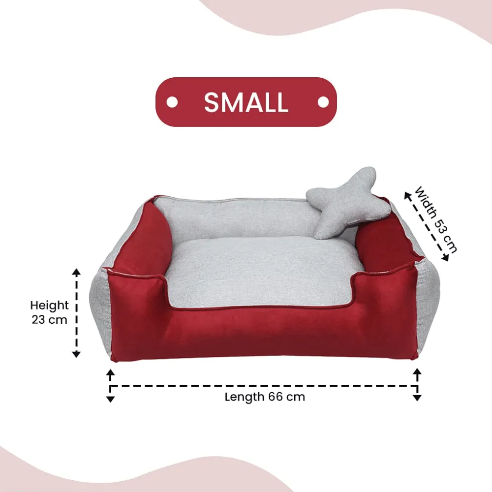 Hiputee Ultra Soft Rectangular Reversible Fleece/Velvet Bed with Pillow for Dogs and Cats (Red, Light Grey)