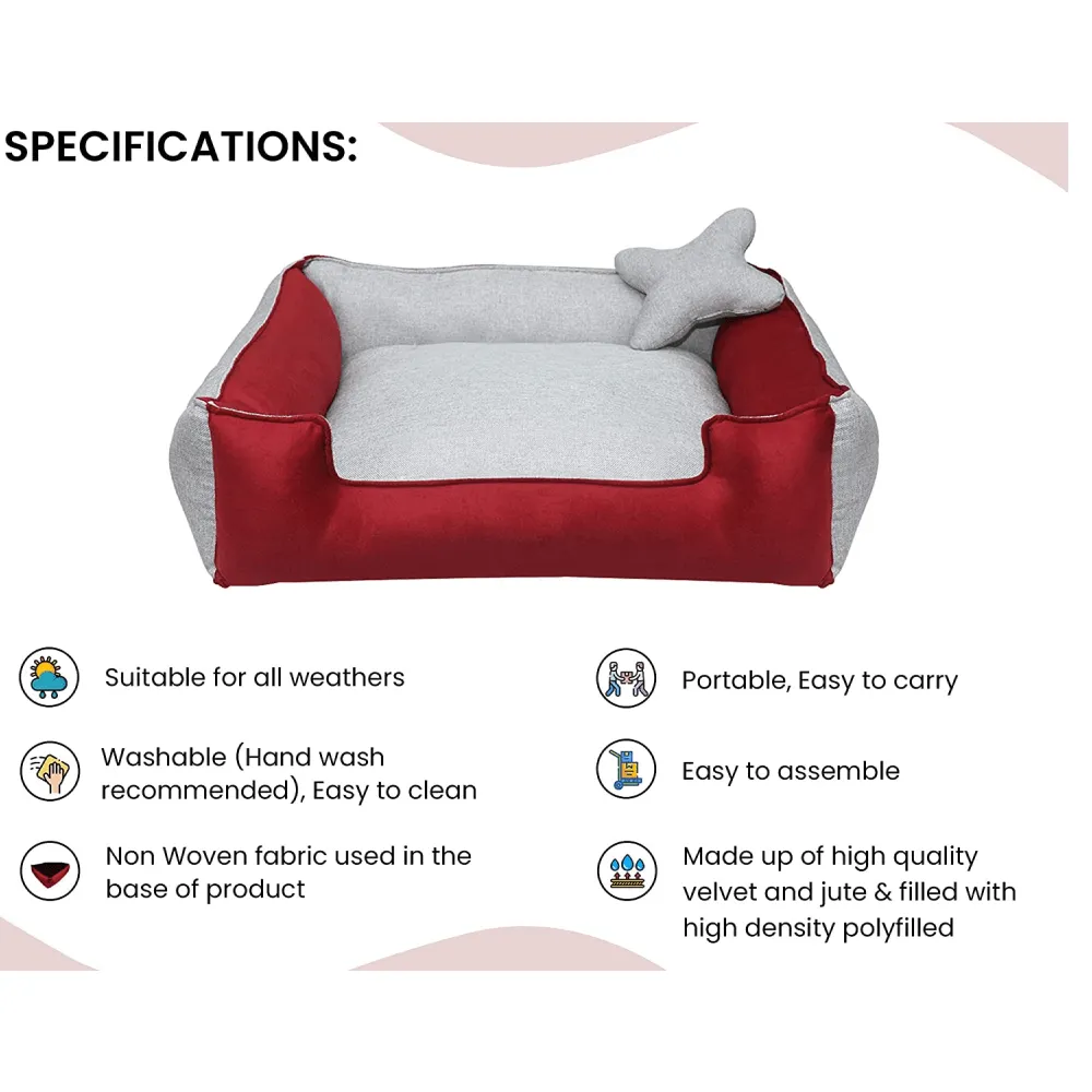 Hiputee Ultra Soft Rectangular Reversible Fleece/Velvet Bed with Pillow for Dogs and Cats (Red, Light Grey)