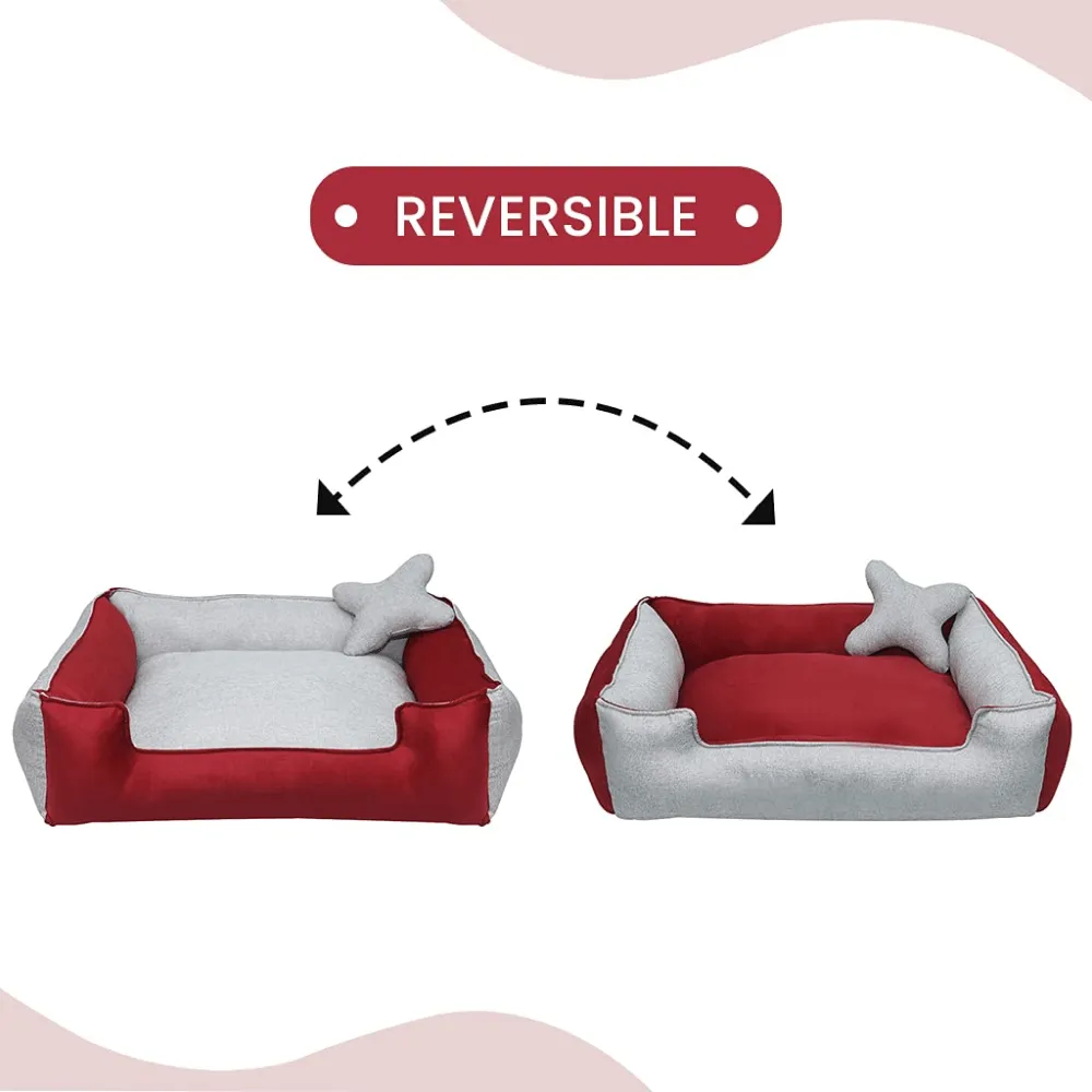 Hiputee Ultra Soft Rectangular Reversible Fleece/Velvet Bed with Pillow for Dogs and Cats (Red, Light Grey)