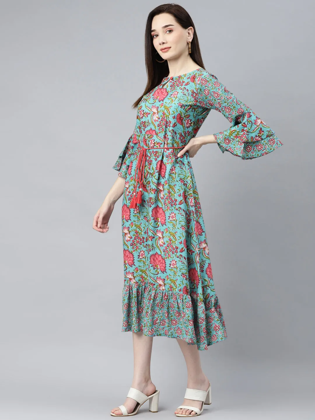 Indibelle Cotton Floral Print A-Line Dress (Turquoise)