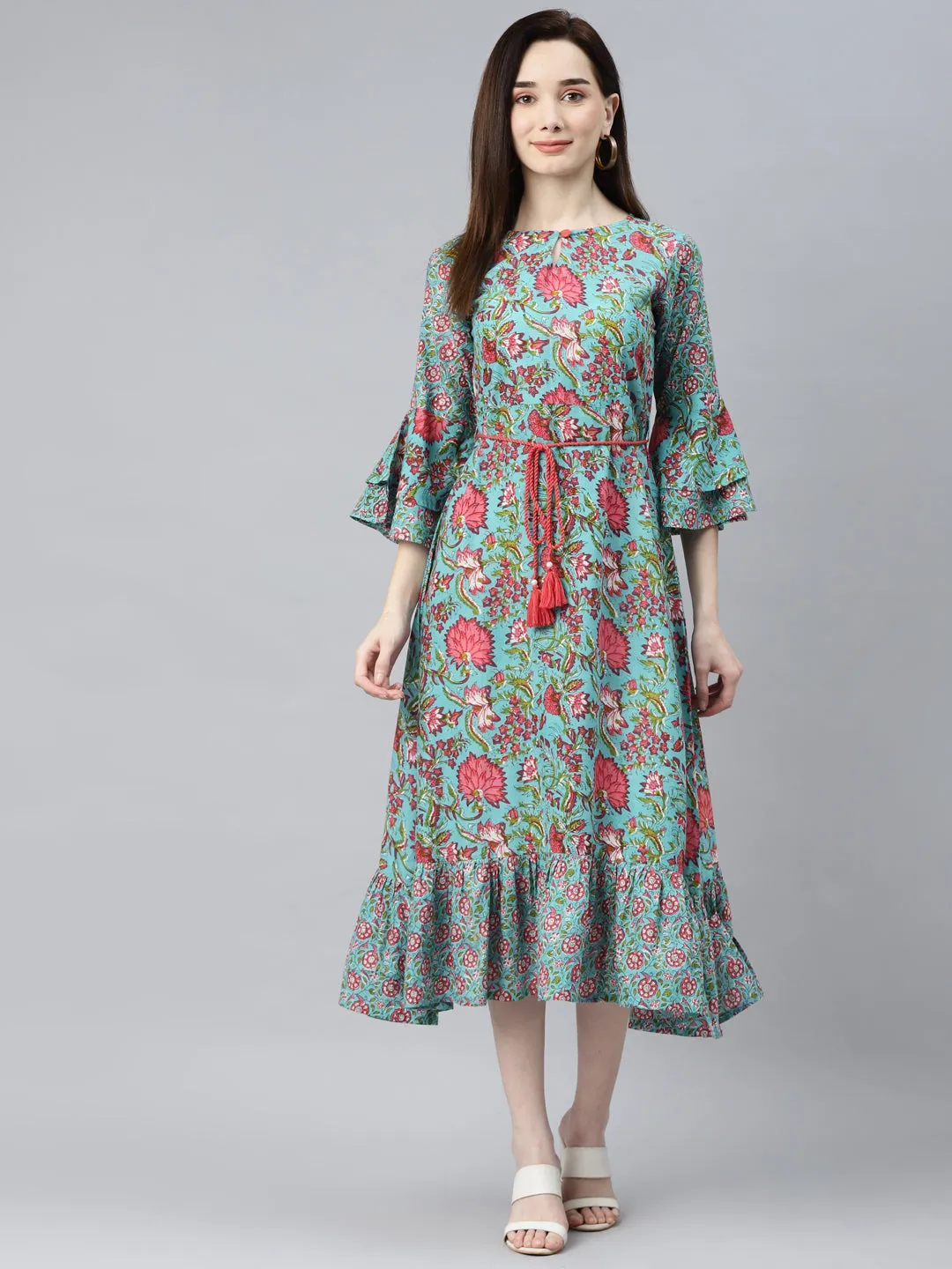 Indibelle Cotton Floral Print A-Line Dress (Turquoise)