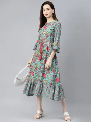 Indibelle Cotton Floral Print A-Line Dress (Turquoise)