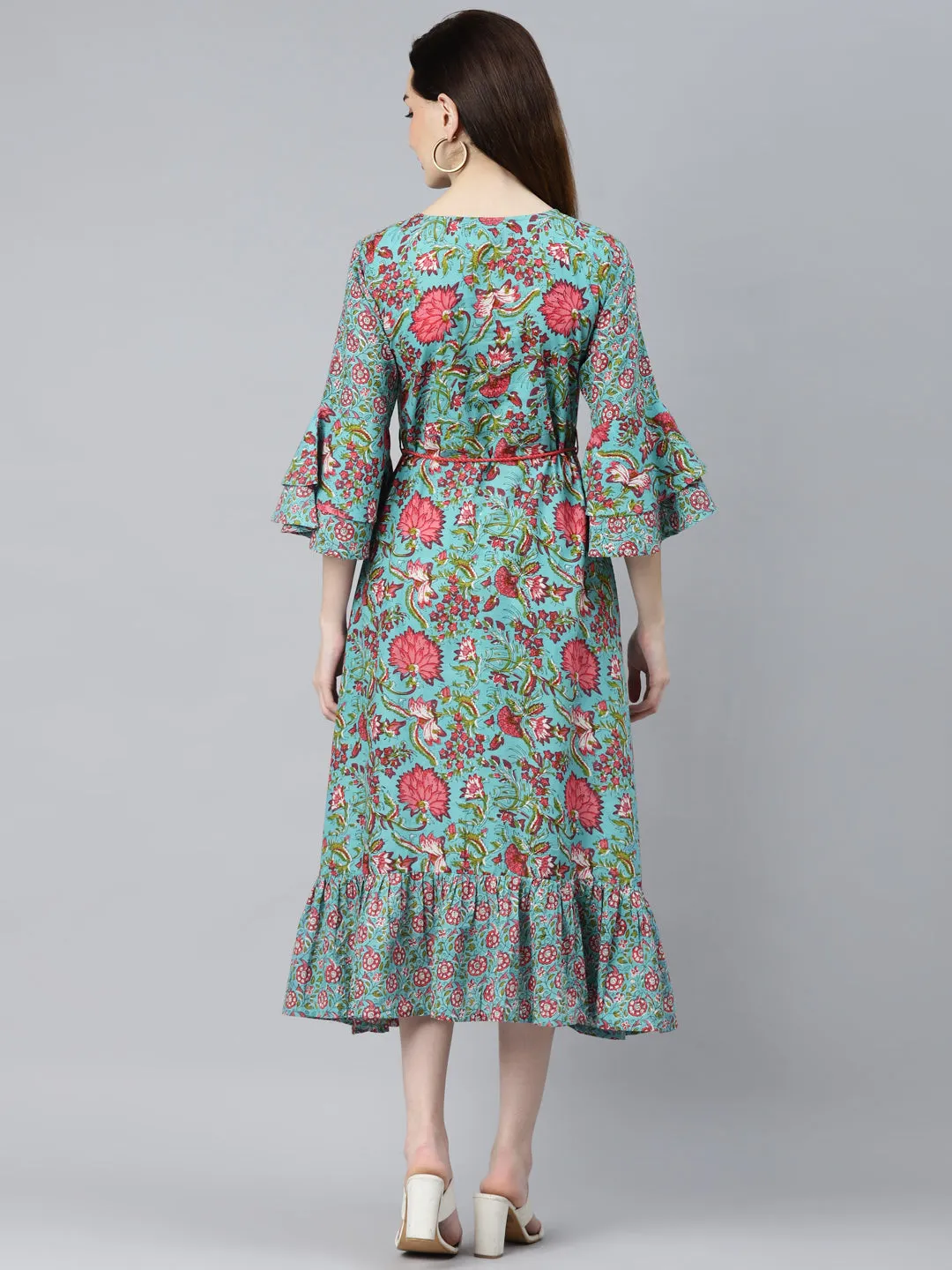 Indibelle Cotton Floral Print A-Line Dress (Turquoise)