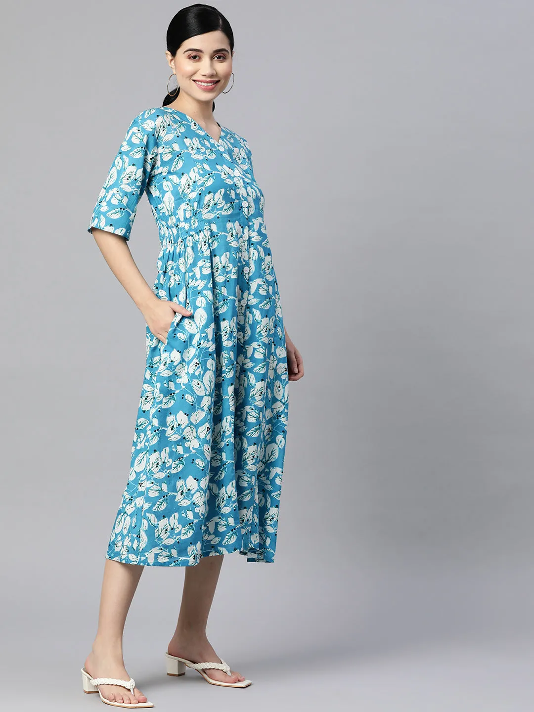 Indibelle Cotton Floral Print Button A-Line Dress (Sky Blue)