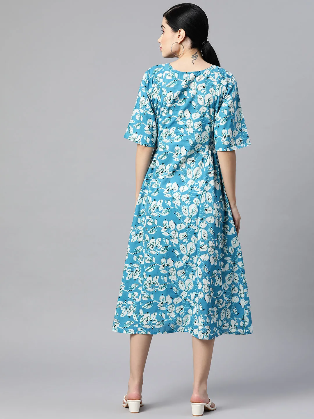 Indibelle Cotton Floral Print Button A-Line Dress (Sky Blue)