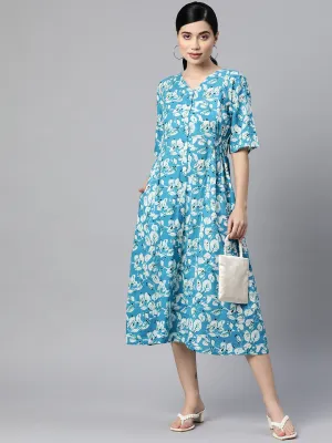 Indibelle Cotton Floral Print Button A-Line Dress (Sky Blue)