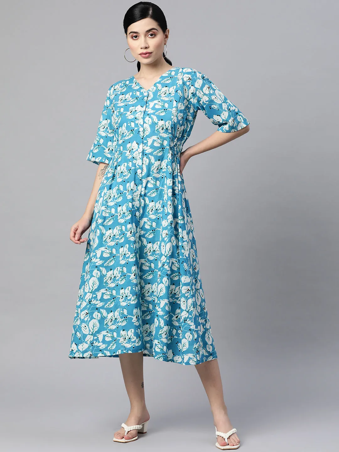 Indibelle Cotton Floral Print Button A-Line Dress (Sky Blue)