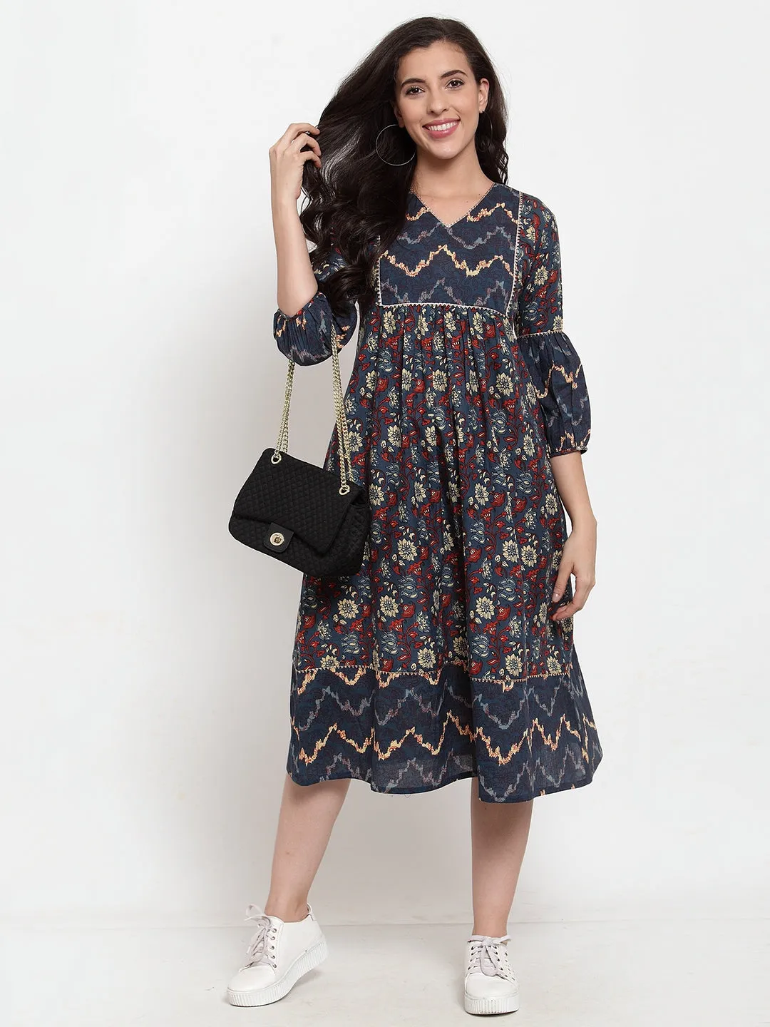 Indibelle Cotton Geometric and Floral Print A-Line Dress (Blue)