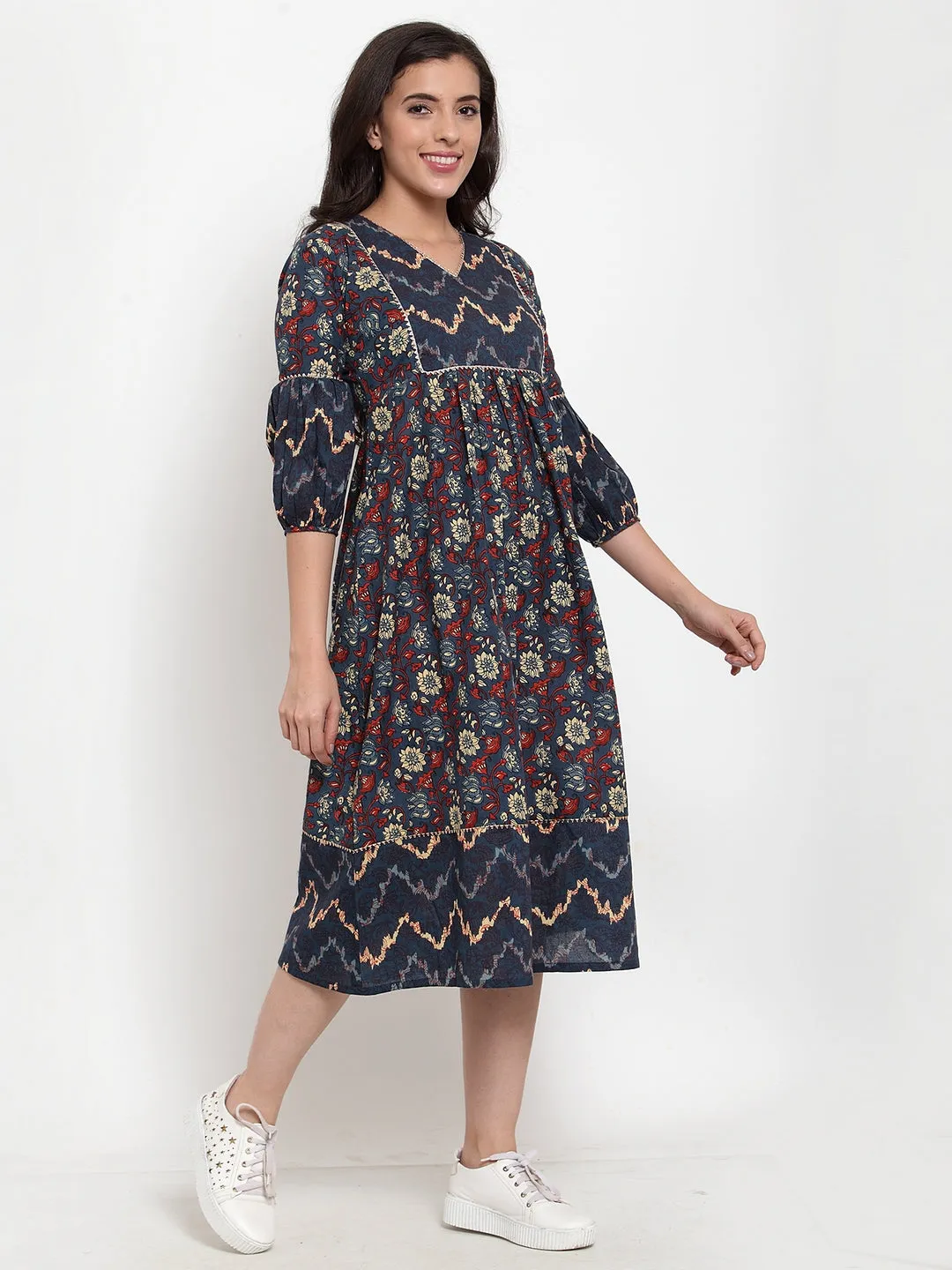 Indibelle Cotton Geometric and Floral Print A-Line Dress (Blue)