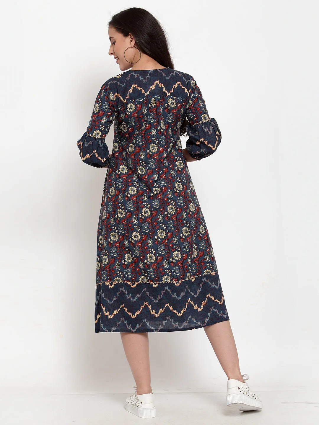 Indibelle Cotton Geometric and Floral Print A-Line Dress (Blue)