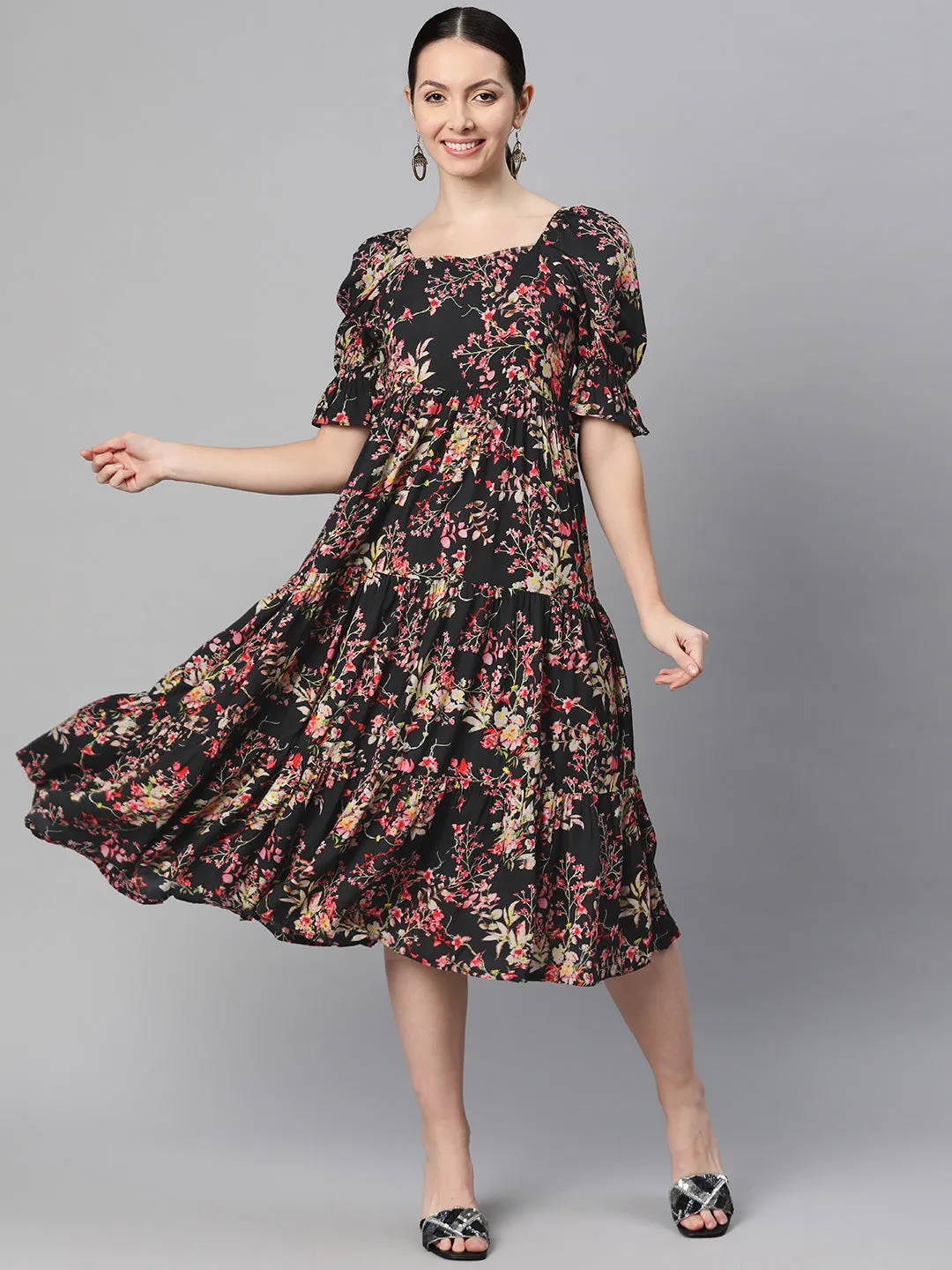 Indibelle Rayon Floral Print Dress (Black)