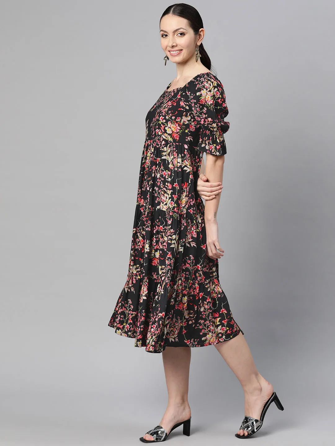 Indibelle Rayon Floral Print Dress (Black)