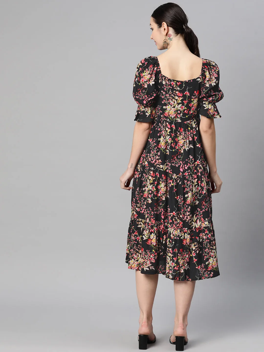 Indibelle Rayon Floral Print Dress (Black)